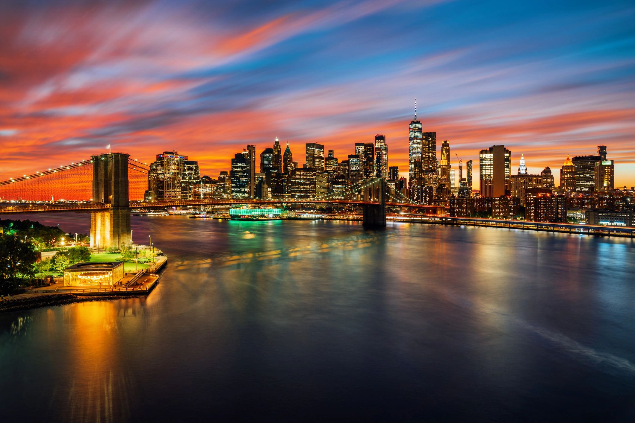 Bridge and skyline at sunset